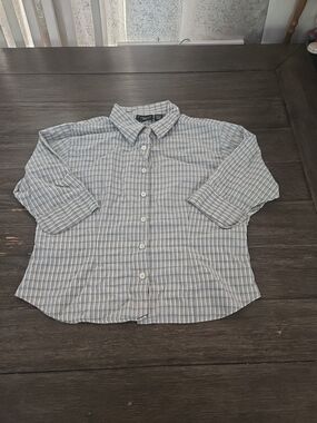 At Last & Co Women's L Plaid ButtonDown Shirt 100% Cotton 3/4 Sleeve Green Check